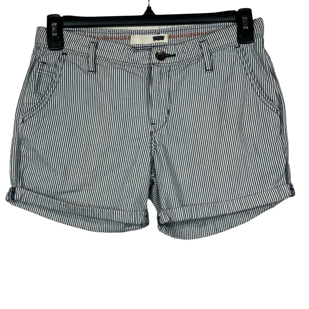 Levi’s SZ W27 Cuffed Shorts Striped Zip-Fly Mid-Rise Pockets White Blue